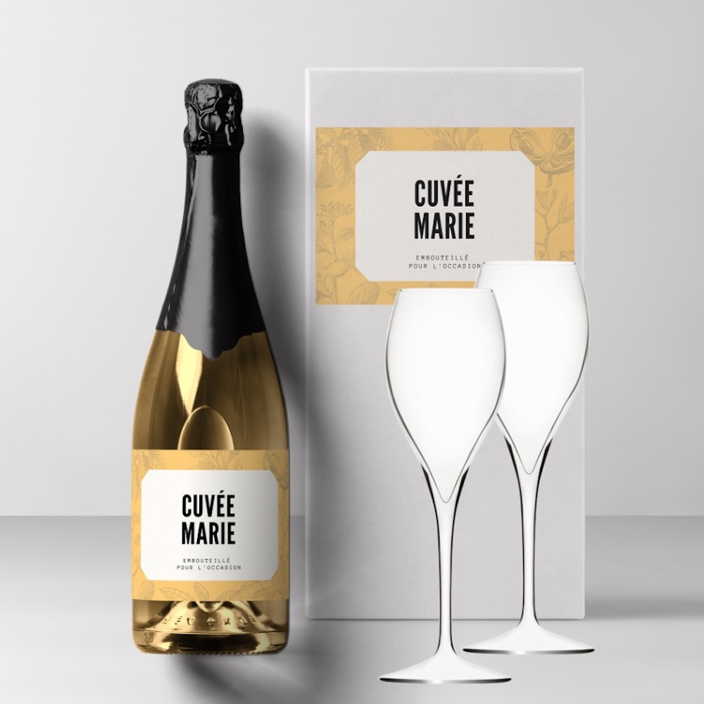 bouteille de champagne personnalisée avec flutes