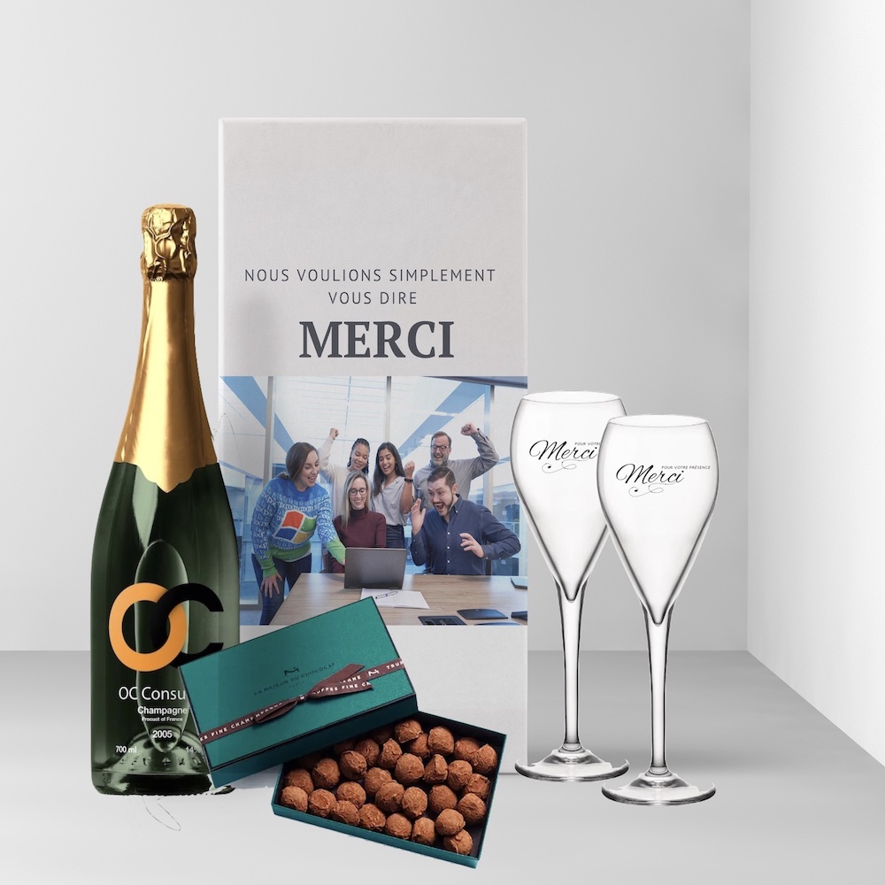 coffret cadeau entreprise champagne et 2 flûtes avec chocolat personnalisé